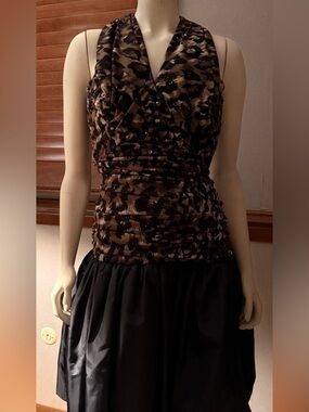 Sleeveless Ruched Animal Print Midi Dress in Brown and Black